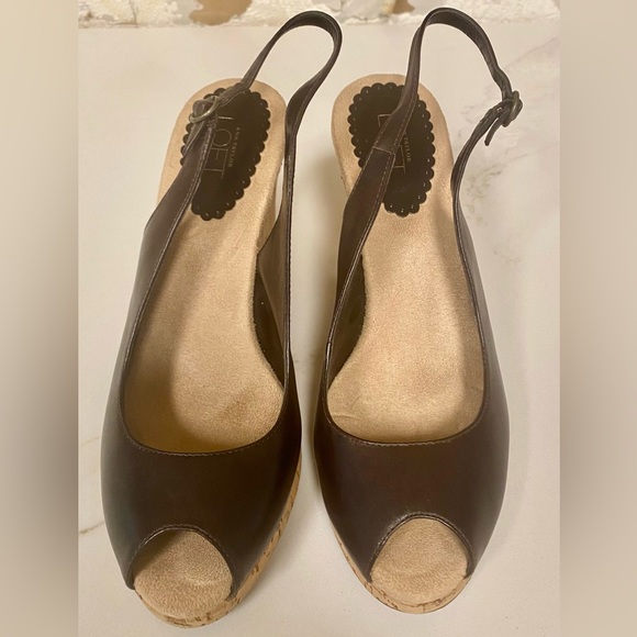 Ann Taylor Loft Women's Sandal Cork Wedge Heel Leather Slingback Deep Brown (7) - Picture 2 of 3